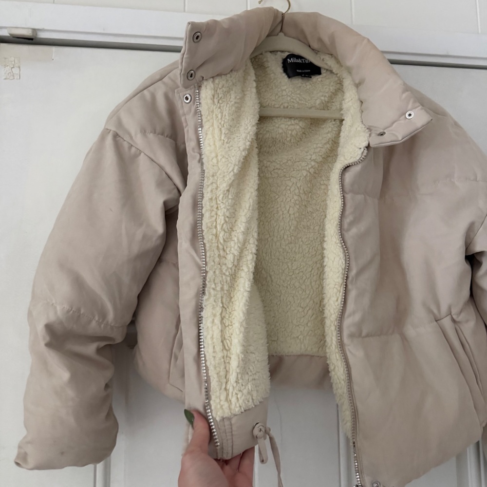 Milano Women's super cute double layered spring, crop Cream Puffer Jacket. Stay - Picture 9 of 12
